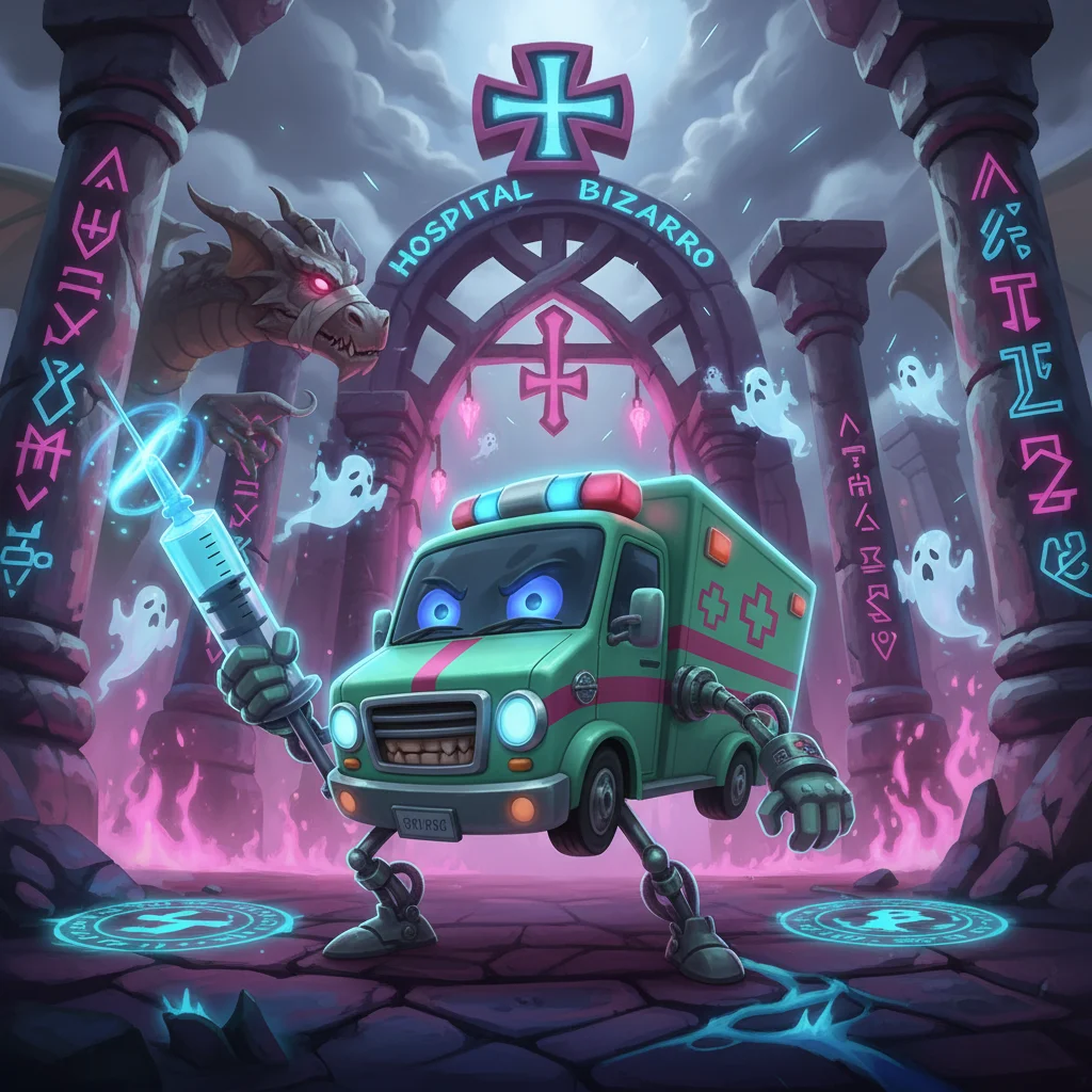 Ambulancia Viva, Uma ambulancia que ganhou vida e agora se recusa a ser dirigida por mortais., personagem raro de Hospital Bizarro no Batalha TCG