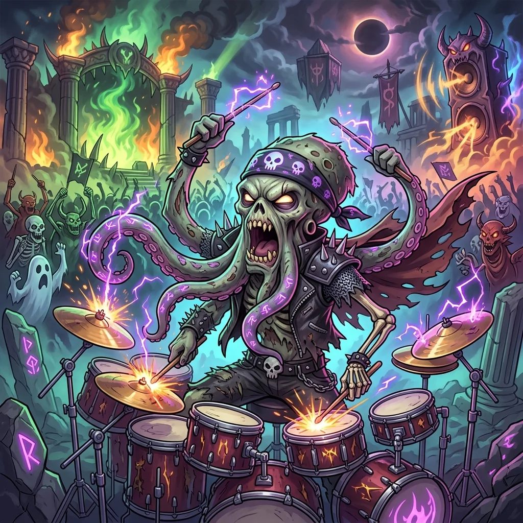 Baterista Octopus, Polvo morto-vivo com 8 bracos. Toca 4 baterias ao mesmo tempo., personagem epico de Rock dos Mortos no Batalha TCG