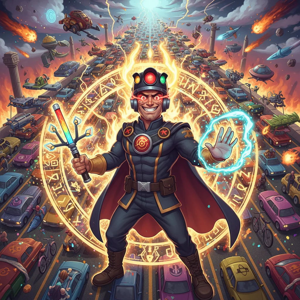 Capitao Engarrafamento, Controla o transito de 47 dimensoes. O mais estressado do multiverso., personagem rei de Transito Interdimensional no Batalha TCG