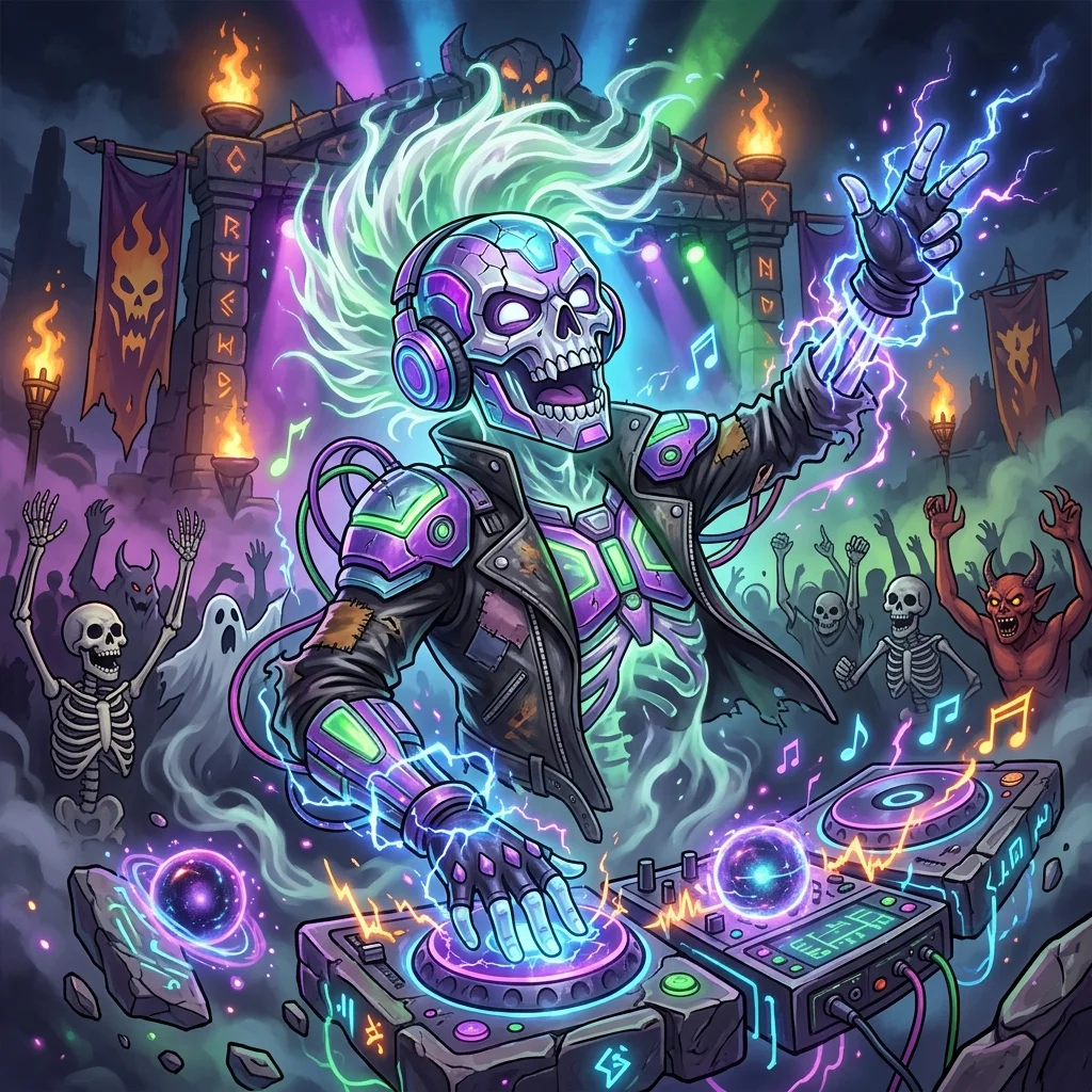 DJ Poltergeist, DJ invisivel que mixa batidas de diferentes epocas e dimensoes simultaneamente., personagem epico de Rock dos Mortos no Batalha TCG