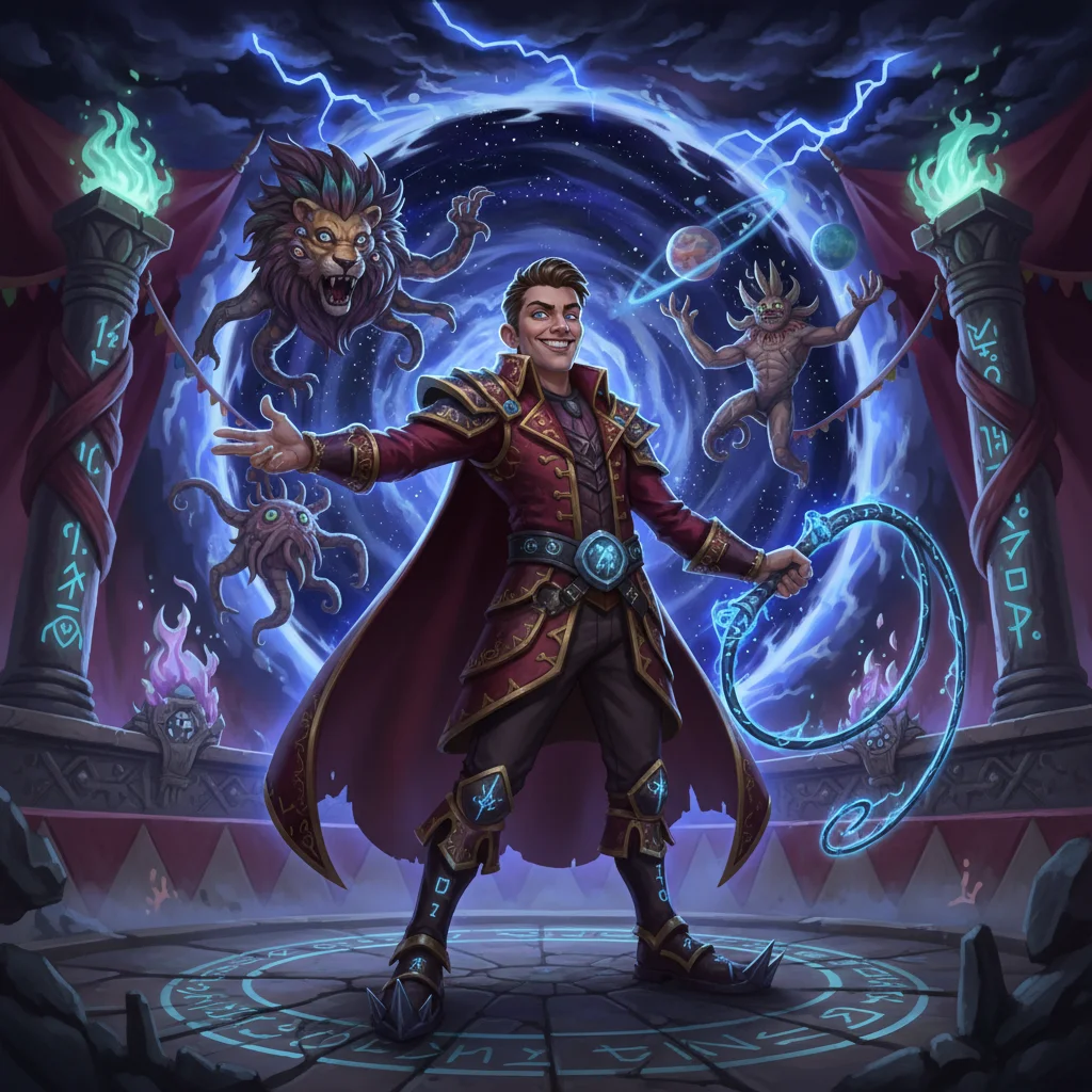 Domador do Void, Doma criaturas do vazio. Seu chicote e feito de materia escura., personagem raro de Circo Bizarro no Batalha TCG
