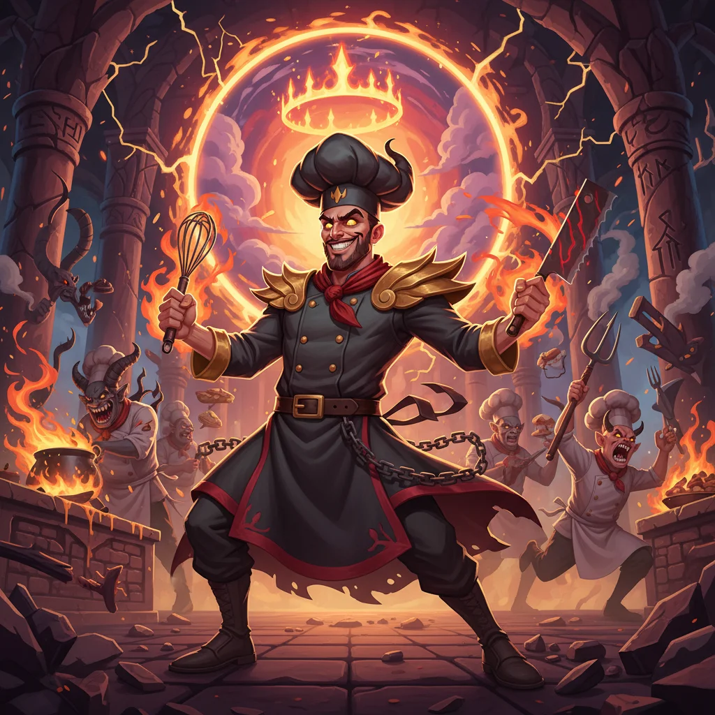 Lucifork, O jurado supremo. Tao terrivel que ate os demonios pedem demissao quando ele grita., personagem rei de Cozinha Infernal no Batalha TCG