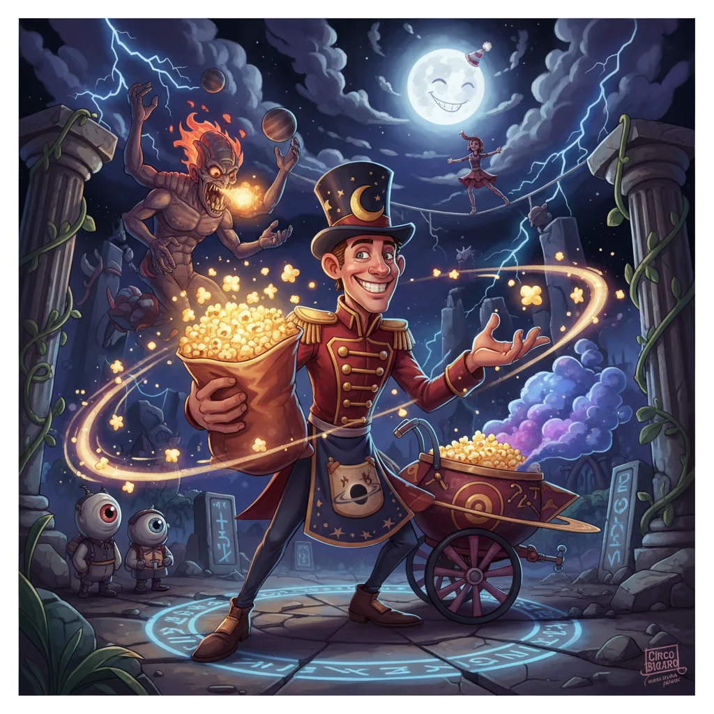 Pipoqueiro Estelar, Vende pipoca feita de estrelas cadentes. Cada grao e uma supernova em miniatura., personagem comum de Circo Bizarro no Batalha TCG