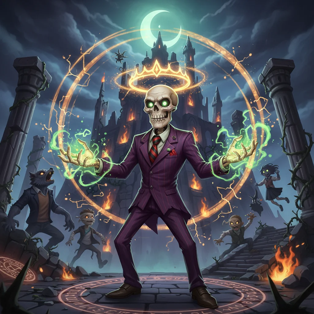 Professor Caveira, Diretor da Escola. Literalmente um esqueleto de 666 anos que usa terno e gravata., personagem rei de Escola de Horrores no Batalha TCG